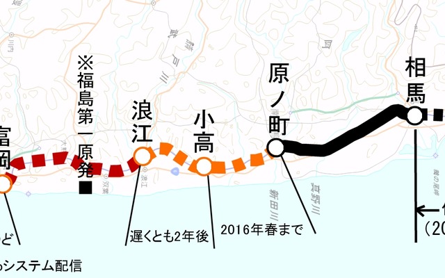 常磐線いわき～岩沼間の路線図。原発事故による不通区間は安全確保策完了後に全て再開する見通しが国交省から示された。