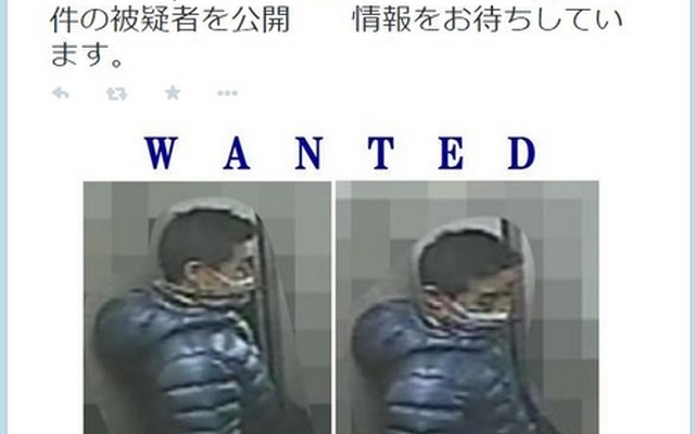 エレベーター内と思われる防犯カメラの画像。情報からの撮影で被疑者の右側面から背面にかけての様子が鮮明に分かる（画像は警視庁公式twitterより）