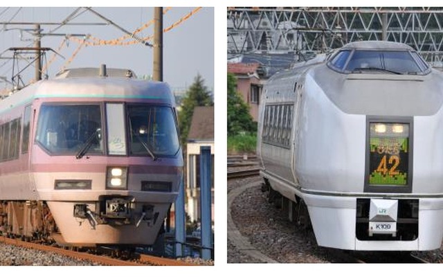 上野東京ラインを走る横浜～水戸間の臨時快速『つながーるふくしま号』は、車両をお座敷車「ゆう」（左）から座席車の651系特急形電車（右）に変更される。