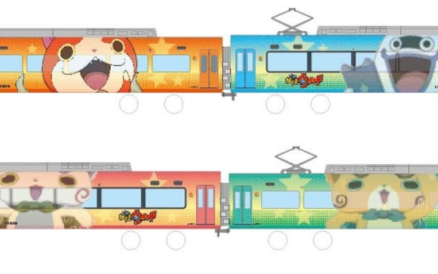 「妖怪ウォッチ号」のイメージ。車体にデザインされるキャラクターは各車両ごとに異なる。1号車（左上）が「ジバニャン」、2号車（右上）が「ウィスパー」、3号車（左下）が「コマさん」、4号車（右下）が「コマじろう」。