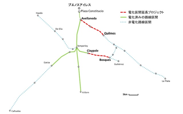 アルゼンチン・ロカ線の路線図。日本信号は今回、電化区間延伸プロジェクトの信号装置を受注した。