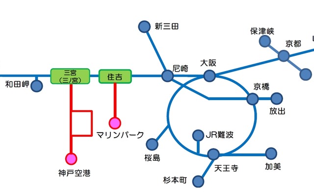 PiTaPaによる神戸新交通・JR西日本のIC連絡定期券の発売範囲。3月から発売しているICOCAの連絡定期券と同じだ。