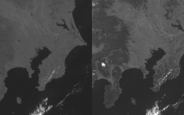 左：ひまわり７号の可視画像（解像度1km）右：ひまわり８号の可視画像（解像度500m）