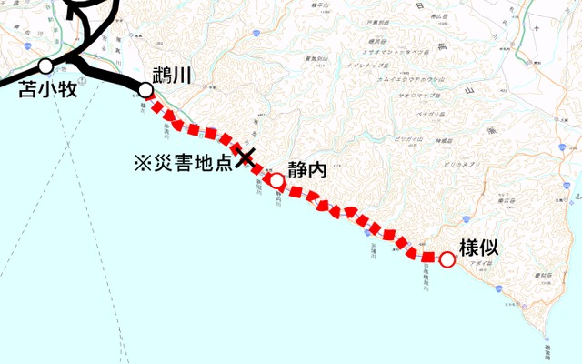 鵡川～様似間が運休中の日高本線の路線図。JR北海道の発表によると、工期は最短でも約30カ月かかる見込みだ。