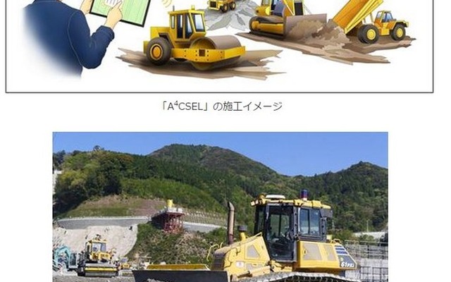A4CSELイメージと福岡県五ケ山ダム堤体建設工事での運用の様子