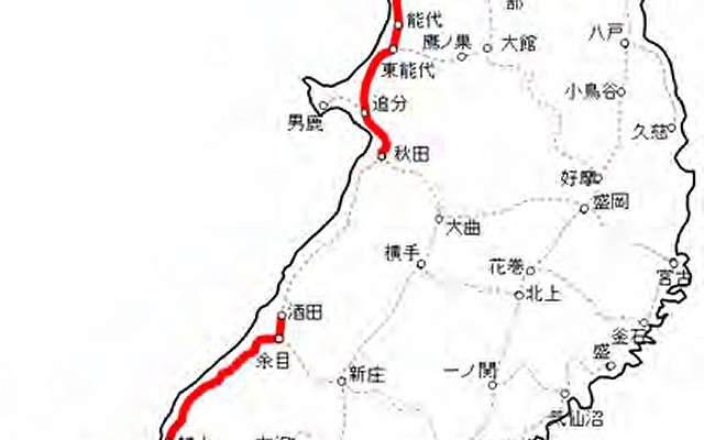 JR東日本は新潟・秋田地区の一部の路線（赤）に新型の電気式気動車を導入すると発表。2017年度から2020年度にかけて63両を投入する。