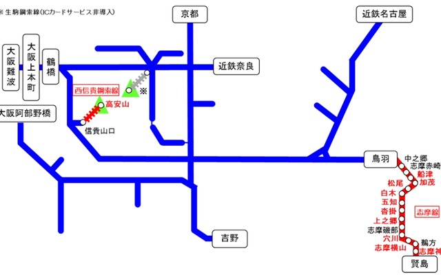 近鉄線のICカード導入区間（青）。8月1日までに志摩線の10駅と西信貴ケーブルの高安山駅（赤）にICカードが導入され、ICカード非対応路線は生駒ケーブルだけになる。