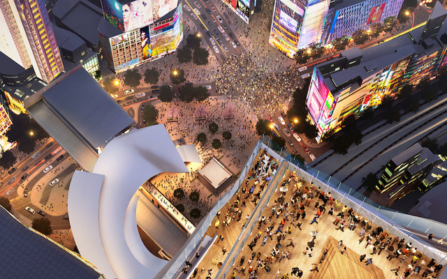 東急・JR東日本・東京メトロは渋谷で建設中の高層ビル屋上に屋外展望施設を設けると発表。画像は展望台からスクランブル交差点を見下ろすイメージ