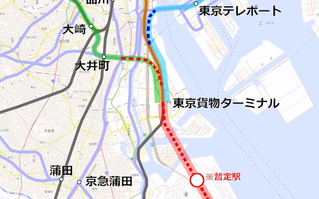 東京オリンピックの開催決定を機に羽田空港のアクセスを改善するための新線構想が注目されたが、いずれも開催前の整備は困難な状況となっている。画像はJR東日本が構想している羽田空港アクセス線のルート。