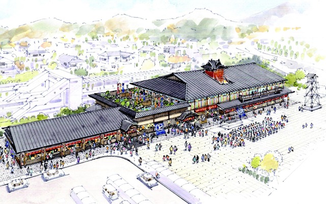西武秩父駅に整備される「複合型温泉施設」のイメージ。お祭りのイメージで施設全体を表現するという。