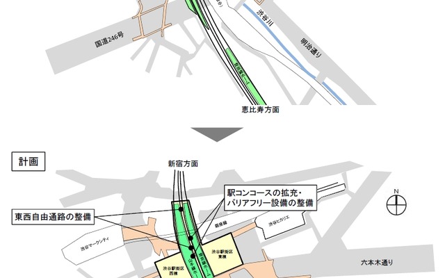 JR東日本による渋谷駅改良工事の概略図。駅の南側に設置されている埼京線ホームを山手線ホームの東脇に移設して乗換えの改善を図るほか、二つに分かれている山手線ホームを一つにまとめる。