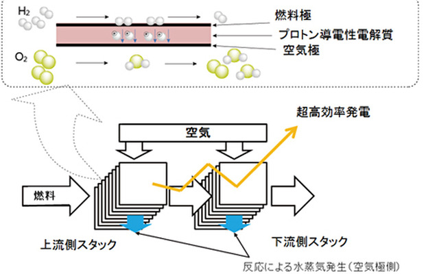 プロトン導電性電解質と電気化学的2段酸化の模式図