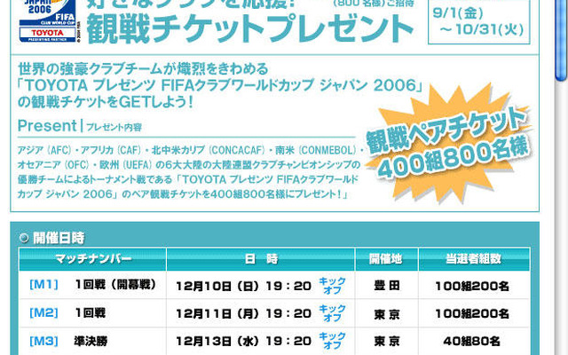 【プレゼント】トヨタカップペア観戦チケットをGET!!