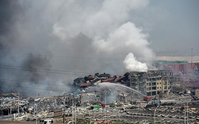 中国・天津の爆発事故現場