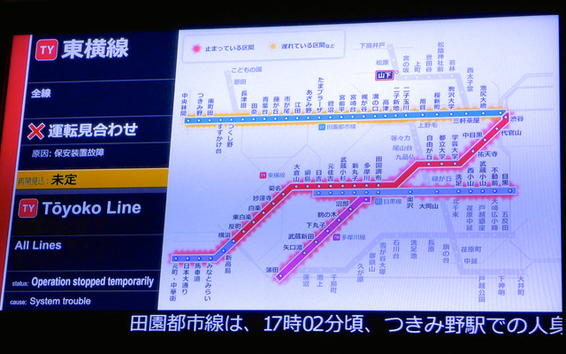 東急東横線と目黒線、東急多摩川線は8月25日夕方、保安装置の故障により18時半ごろから22時過ぎまで約3時間以上にわたり運転を見合わせた。田園都市線も人身事故でダイヤが乱れた