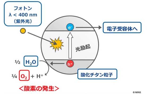 水、酸化チタン、電子受容体、紫外線の4つがそろうと、非生物学的に酸素が発生する