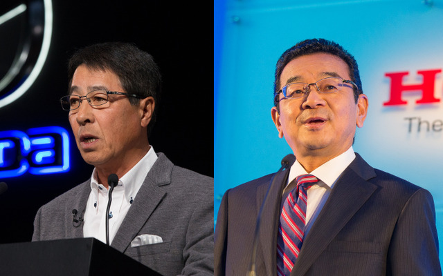 マツダ小飼雅道社長（左）とホンダ八郷隆弘社長（右）