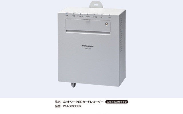 ネットワークSDカードレコーダー「WJ-SD202K」の外観。W175 mm × H200 mm ×D75 mmと小型なレコーダーでSDカード用のスロットを2つ揃え、2台のネットワークカメラへのPoE給電が可能。付属のGPSアンテナを接続することで自動時刻補正機能にも対応する（画像はプレスリリースより）