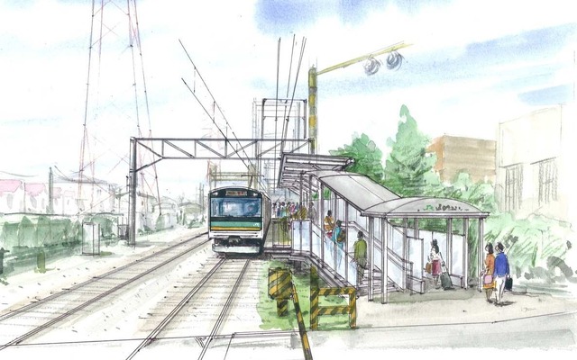 小田栄駅のイメージ。来年3月の開業に向けて工事が進められる。