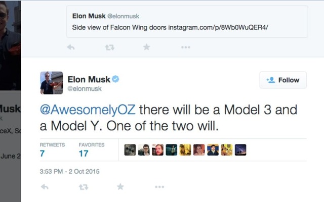 「モデルY」の車名をツイートしたテスラのイーロン・マスクCEOの公式Twitter