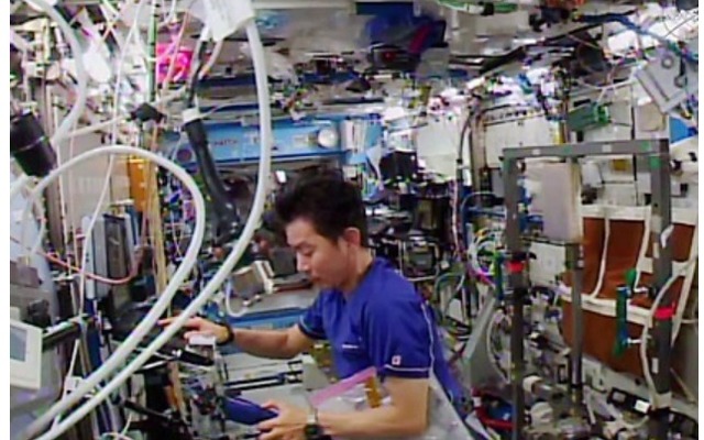 「デスティニー」（米国実験棟）で作業を行う油井宇宙飛行士
