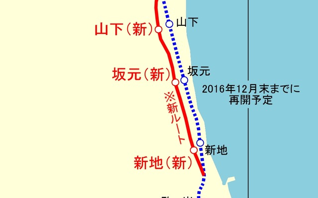 常磐線の相馬～浜吉田間。当初は2017年春頃の再開が見込まれていたが、工事が順調に進んだことから2016年12月末までに再開することが決まった。