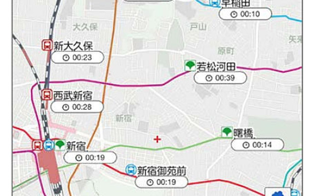 自宅付近の駅など特定の駅（登録可）までの終電時間を地図上で確認できる