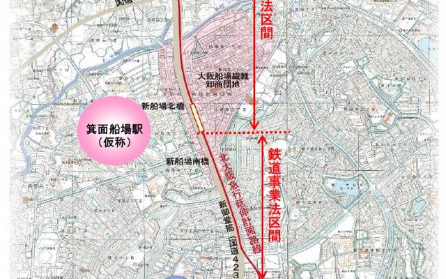 北急の延伸区間。千里中央駅から新御堂筋を北上して箕面新都心を結ぶ。