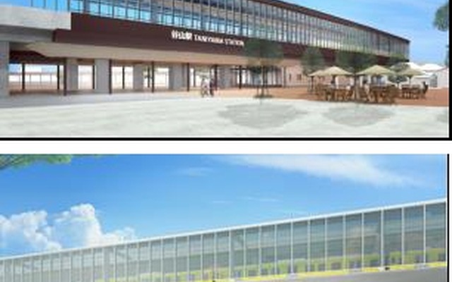来年3月に高架化される谷山駅（上）と慈眼寺駅（下）のイメージ。谷山駅は高架化に伴い慈眼寺方に100m移転する。
