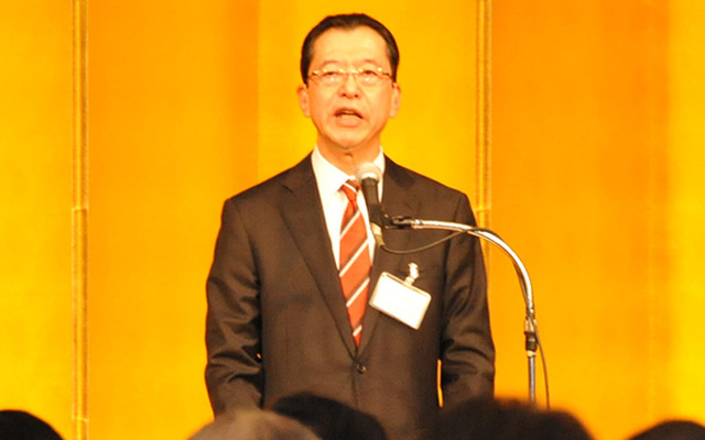 自動車工業団体新春賀詞交歓会で挨拶する日本自動車工業会・池史彦会長（5日・品川区）