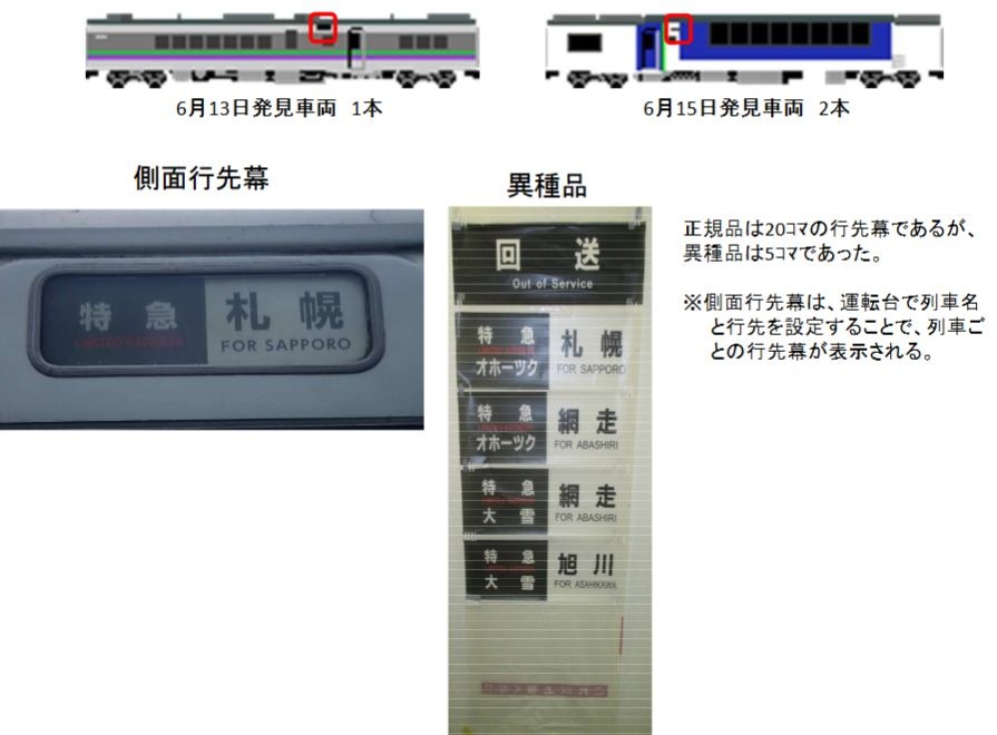 JR北海道の特急で行先幕が異種品にすり替わる…先頭の愛称幕も白 JR北海道の特急で行先幕が異種品にすり替わる…先頭の愛称幕も白