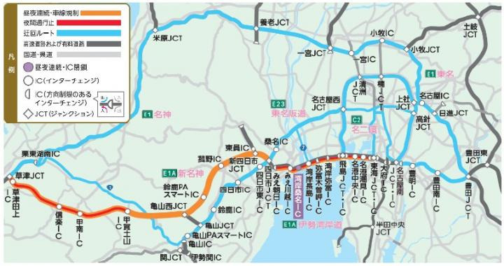 伊勢湾岸道下り・東海IC-みえ朝日ICと新名神・四日市JCT-草津JCT