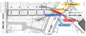 国道16号をまたぐ部分の架設スケジュール。2月から4月にかけて橋桁3本が架設される。