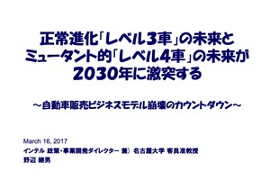 【ビデオ&PDF資料：飛び出せ！ミライのクルマ!!】自動車販売ビジネスモデル崩壊のカウントダウン。正常進化”レベル３自動運転”の未来とミュータント的”レベル４自動運転”の未来が２０３０年に激突する…インテル野辺継男氏