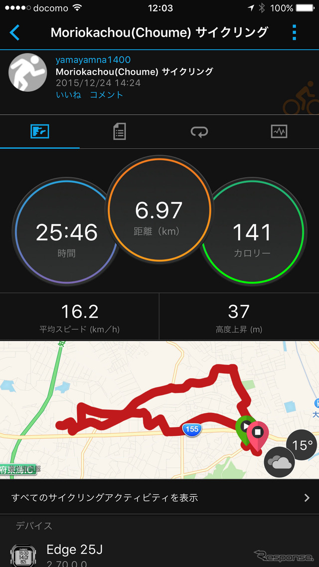 GARMIN CONNECTモバイルで走行データを参照。パソコン版と変わりない使い心地だ。