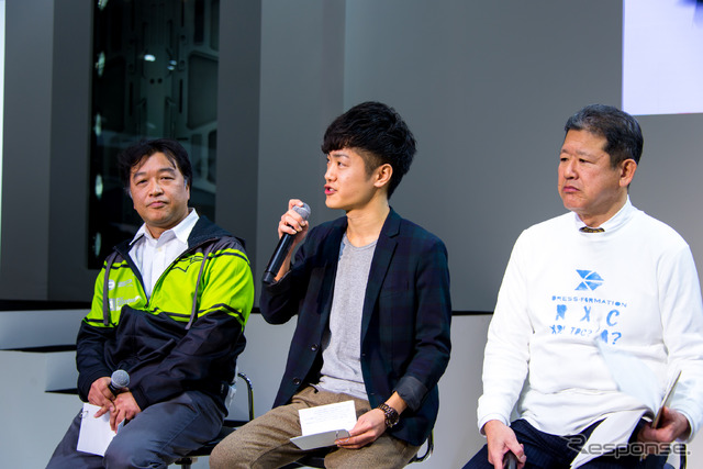 左から、D-SPORT開発責任者・松尾光洋氏、越阪部圭亮さん(右)、藤下修チーフエンジニア(左)