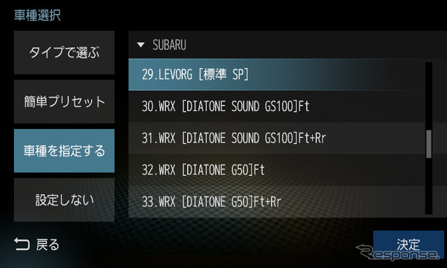 スバル専用車種別音質データがプリセットされている。