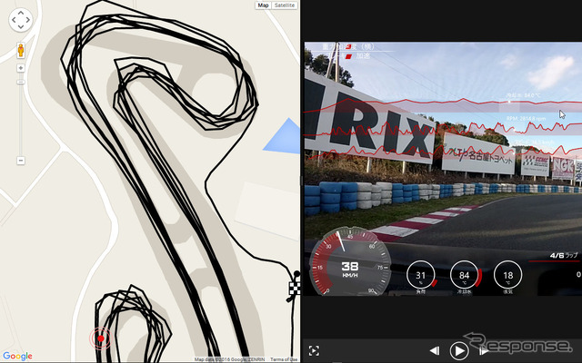 走行したコースをGoogleマップに重ねて表示することもできる。これでサーキットのライン取りも確認できるか？ と思ったが、それは無理だった。GPSによる測位を1秒に10回くらい実行すれば精度が上がるはずなので、改良してほしいところだ。