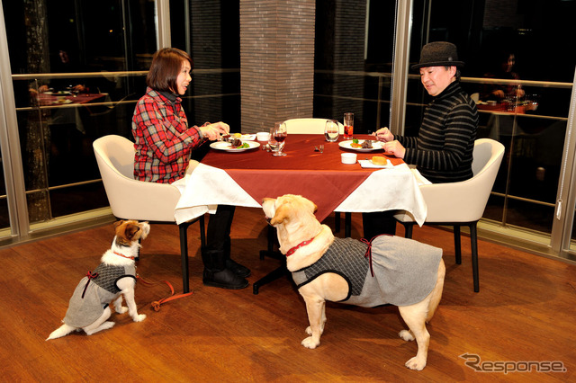 レストラン「ラ・テラス」でディナー。床にはリードフックが備わっているが、中小型犬でカートが必要な場合はフロントでエアーバギーを貸してくれる(無料)