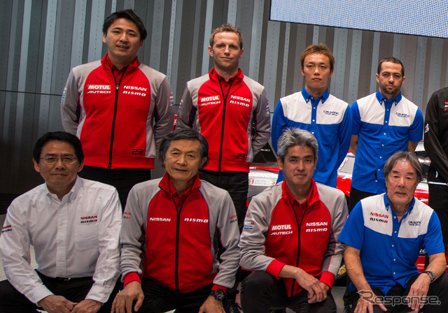後列左から松田、クインタレッリ、安田、オリベイラ。前列左からニスモの宮谷社長、柿元・前日産系チーム総監督、ニスモの鈴木豊監督、IMPULの星野一義監督(写真は昨年の発表会)。