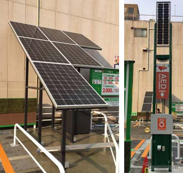 左：ハイブリッドソーラーシステム右：ソーラーＬＥＤ街路灯（非常用電源・ＡＥＤ付）