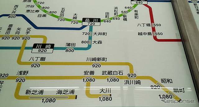 駅の路線図には3月初旬時点で小田栄駅の表示はない