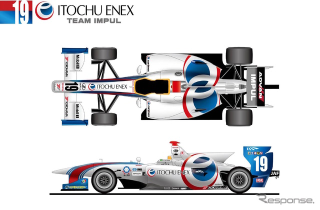 「ITOCHU ENEX TEAM IMPUL」のマシンカラーリング（19号車）。