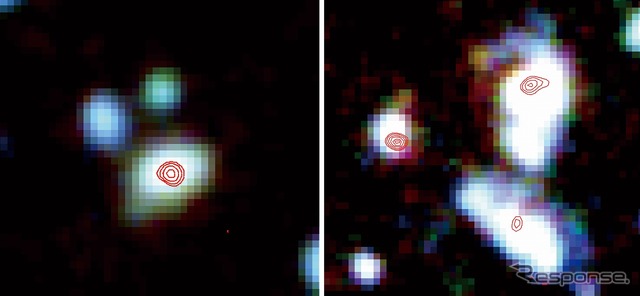 すばる望遠鏡の観測(カラー画像)により明らかになった、暗いアルマ天体(赤等高線)の正体