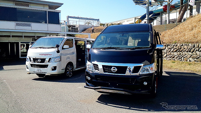 大磯で、1月にマイナーチェンジしたNV350キャラバンや海外向けタイタンやナバラなど、日産の小型商用車(LCV)ラインナップの展示・試乗が行われた
