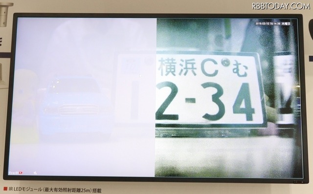 逆に画面左側を画像鮮明化OFF状態にし、右側をONにした状態での映像(撮影:防犯システム取材班)