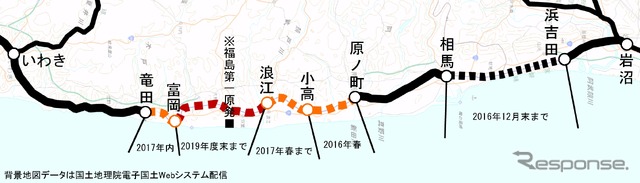 常磐線の運休区間。帰還困難区域を通る富岡～浪江間は2019年度末までの再開を目指す。