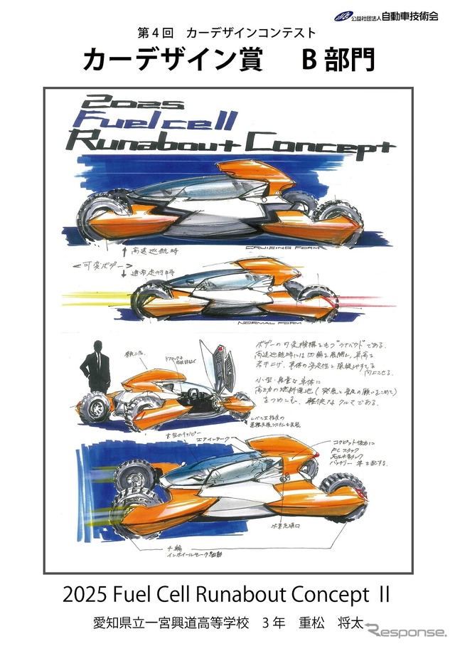 カーデザイン賞高校生の部「2025Fule Cell Runabout ConceptII」愛知県立一宮興道高等学校3年の重松将太君
