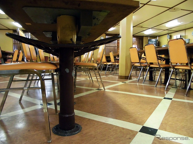 南極観測船「しらせ」の食堂は、テーブルが転がらないように床に据え付けられている