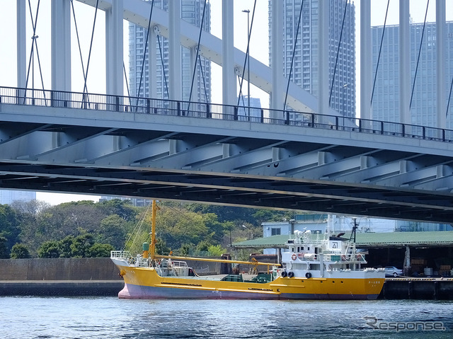 遮音壁やスロープなども姿を見せ始めた築地大橋。2016年末の開通をめざし整備がすすめられている